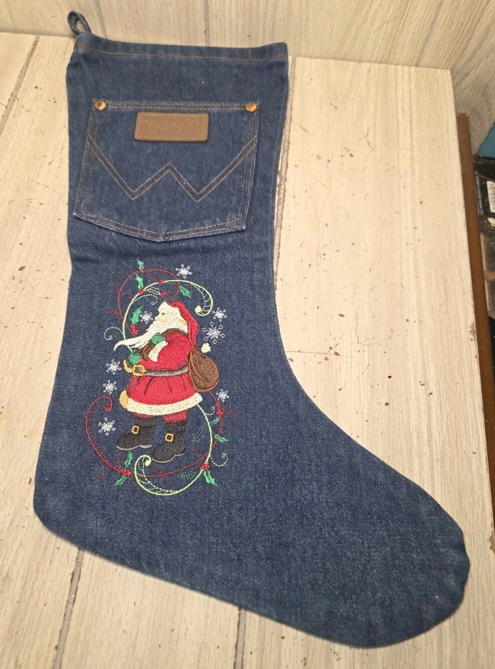 Vintage Wrangler Jeans Christmas Stocking Blue Denim & Patch Santa Claus Western